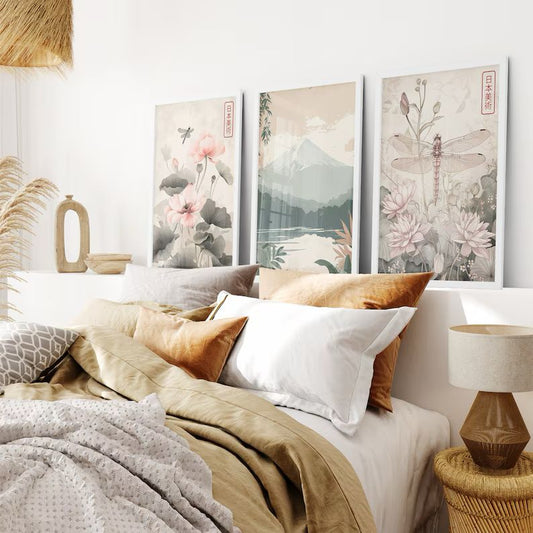 Floral Japanese Scroll Art | Set of 3