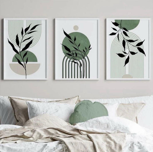 Green Floral Abstract Art | Set of 3