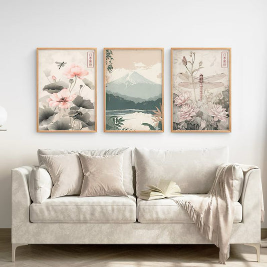 Floral Japanese Scroll Art | Set of 3