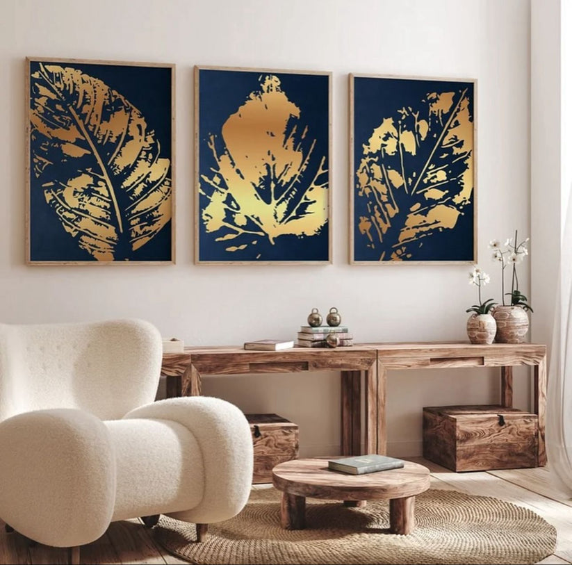 Navy Blue & Gold Wall Art | Set of 3